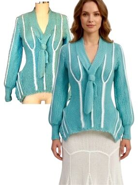 Custom Hand Knitted Wool Blend Crochet Sweater Turquoise Teal White Trim XS